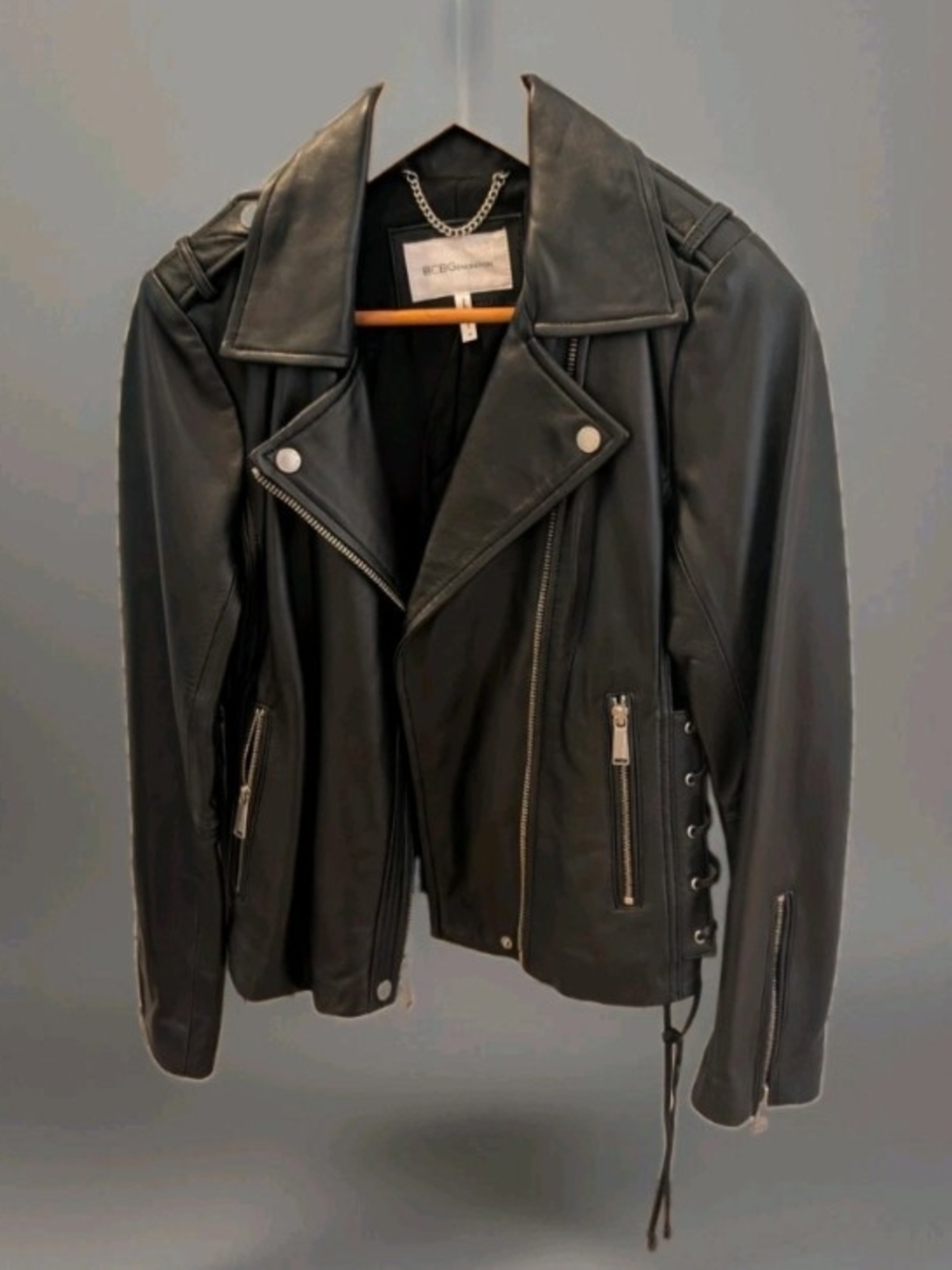 EUC BCBGeneration Women's Moto Black Lamb Leather Jacket Side lace up Sz M $399